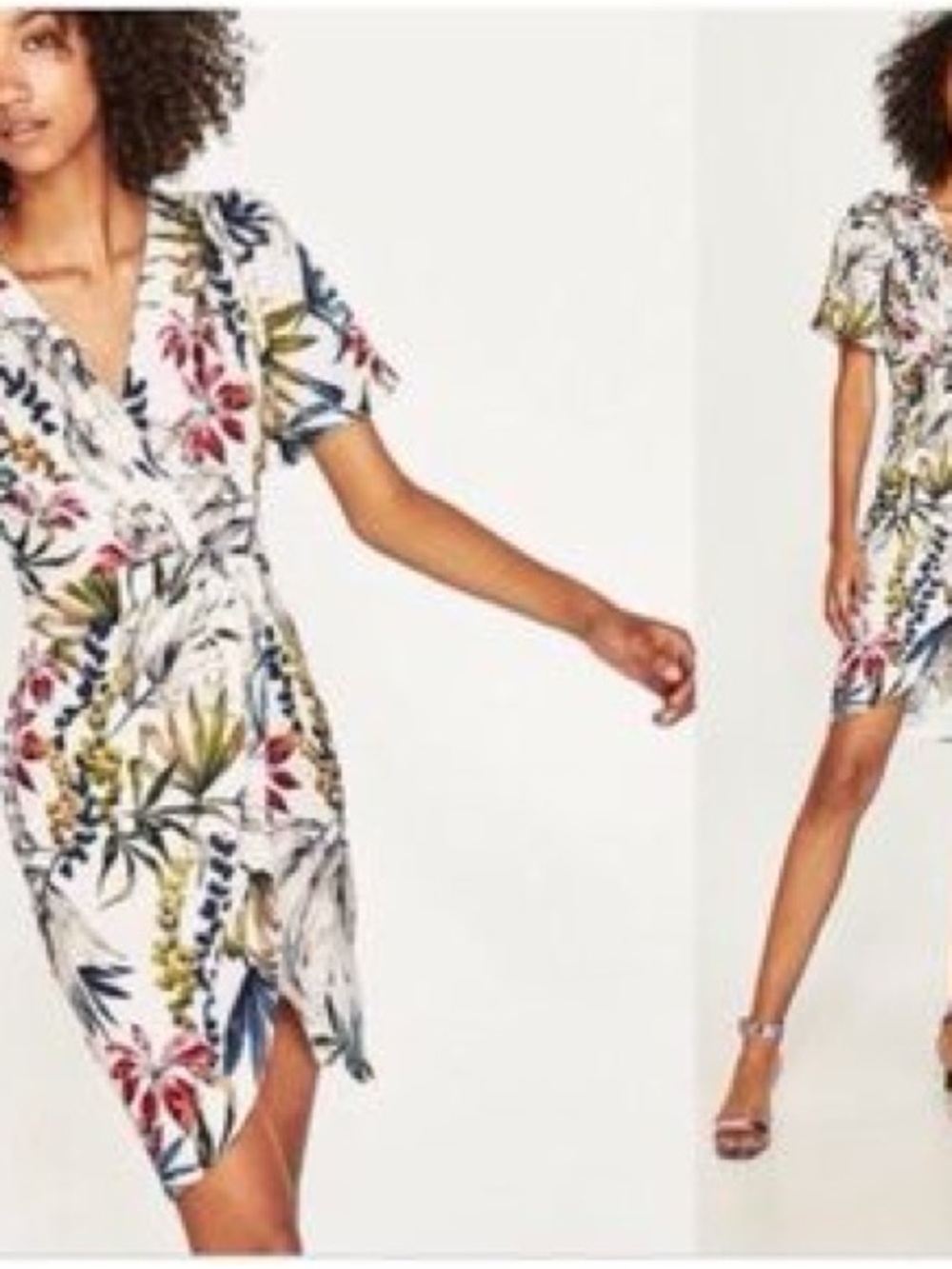 Zara White Mini Dress with Multicolor Tropical Print